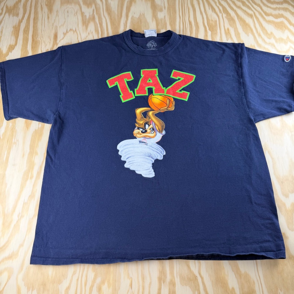 Y2K Champion Looney Tunes Taz Basketball Graphic T-Shirt Navy Blue Mens XL